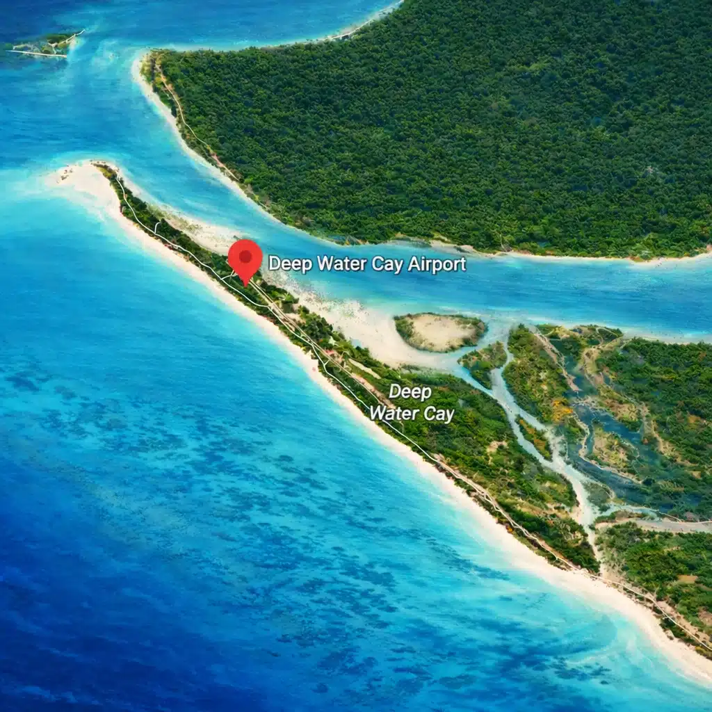 Aerial view of Deep Water Cay Airport (MYGD) on Grand Bahama, Bahamas — private charter flight access to a private island airstrip