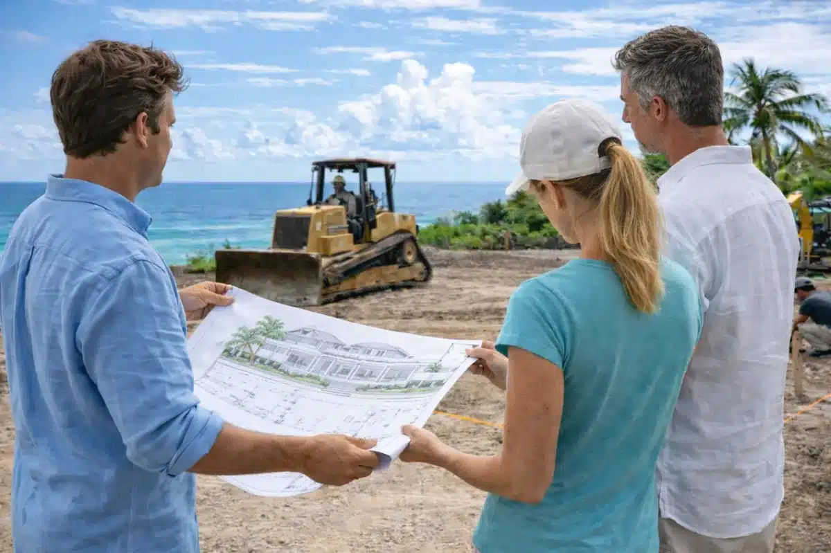 Architect meeting with clients for a home construction project in the Bahamas supported by charter flights