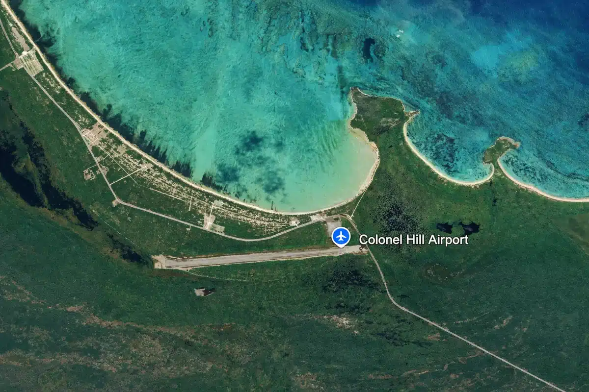 Aerial view on approach to Colonel Hill Airport (MYCI / CRI) on Crooked Island Bahamas by private charter flight