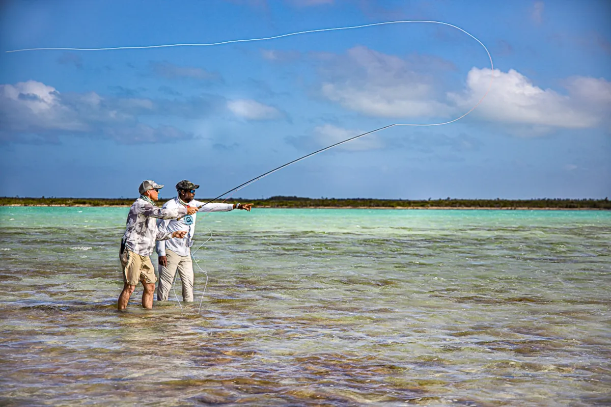 Fly fishing the flats for bonefish on San Salvador Island Bahamas