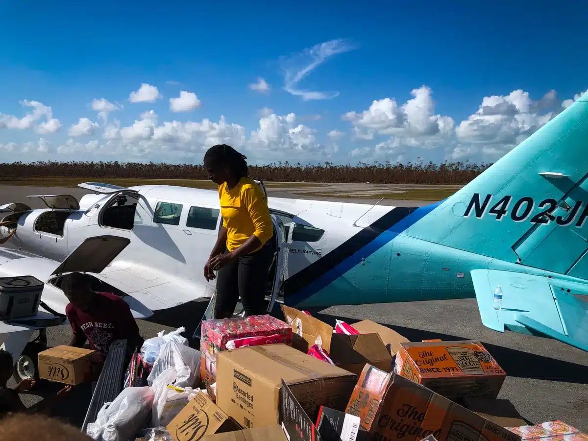Hurricane relief supplies prepared for a charter flight to the Bahamas
