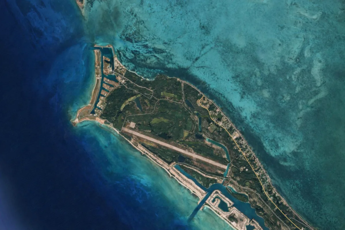 Satellite aerial view of West End Airport (MYGW) on Grand Bahama, Bahamas — private charter flight destination near Old Bahama Bay